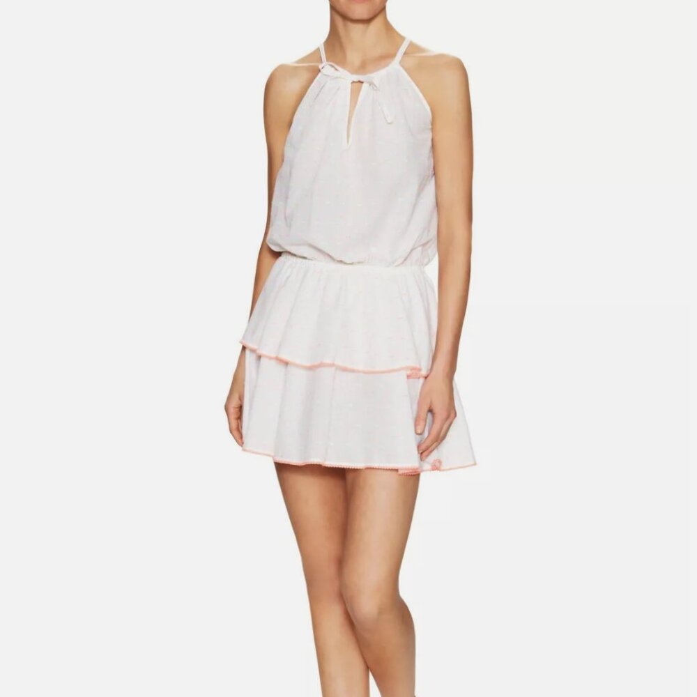 NWT Shoshanna Tiered Cover Up Dress, Women's Size L, White with Neon embroidery